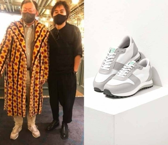 신동빈 롯데그룹 회장과 배상민 롯데 디자인경영센터장. 오른쪽은 당시 신 회장이 착용한 LAR의 운동화.[인스타그램, LAR]