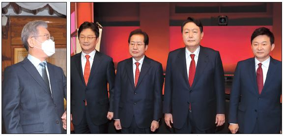 이재명(왼쪽) 더불어민주당 대선후보, 유승민·홍준표·윤석열·원희룡 국민의힘 대선 경선후보. [연합]