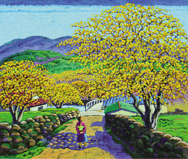 설종보, 산수유 핀 봄날, 캔버스에 아크릴, 45&times;53cm, 2021