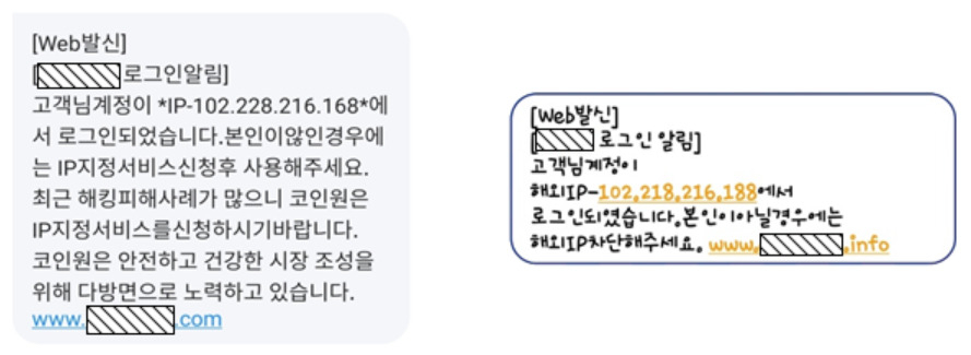 해외 해킹조직이 국내 가상자산거래소를 사칭하며 대량 유포한 피싱 문자메시지. 경찰청 국가수사본부는 이러한 수법으로 피해자들의 개인정보를 빼내 실제 가상자산거래소 계정에 보관된 4억원가량의 가상자산을 탈취한 중국 국적 조직원 1명을 검거하고 다른 1명을 쫓고 있다고 3일 밝혔다. [경찰청 제공]