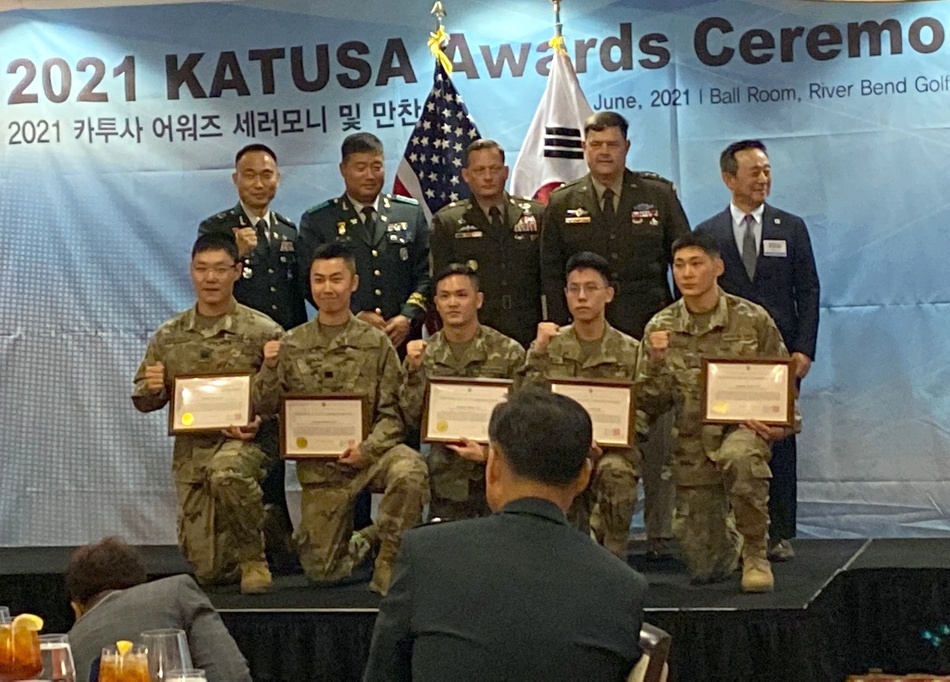 Sgt. Baik In-chul (front row, center) is one of five Korean soldiers to be recognized with a Best KATUSA Warrior award during an event at US Army Garrison Humphreys, South Korea, on June 16, 2021. (US Army Medical Logistics Command/Disclaimer: The appearance of US Department of Defense (DoD) visual information does not imply or constitute DoD endorsement)