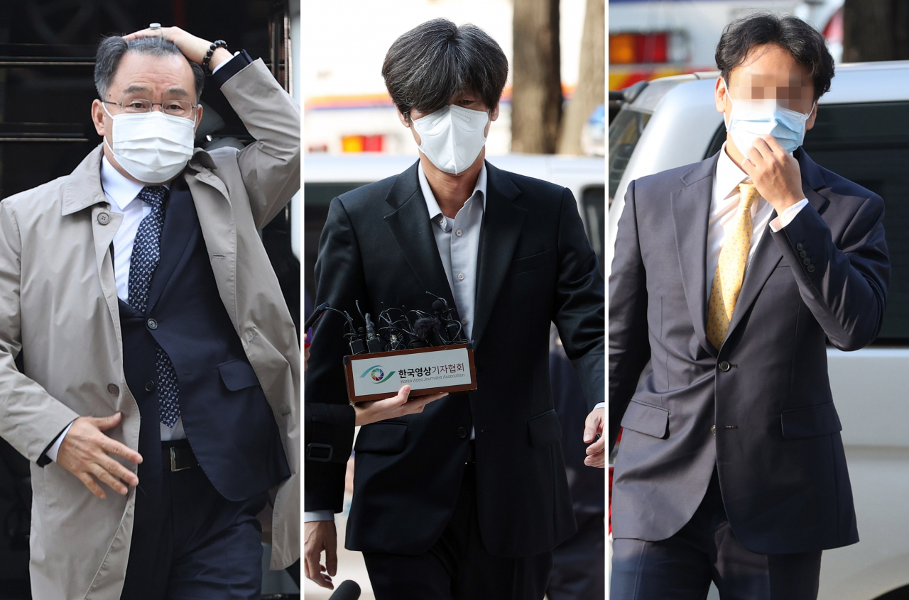 화천대유 대주주 김만배(왼쪽)씨와 천화동인 4호 소유주 남욱(가운데) 변호사, 정민용 전 성남도시개발공사 전략사업실장. [연합]