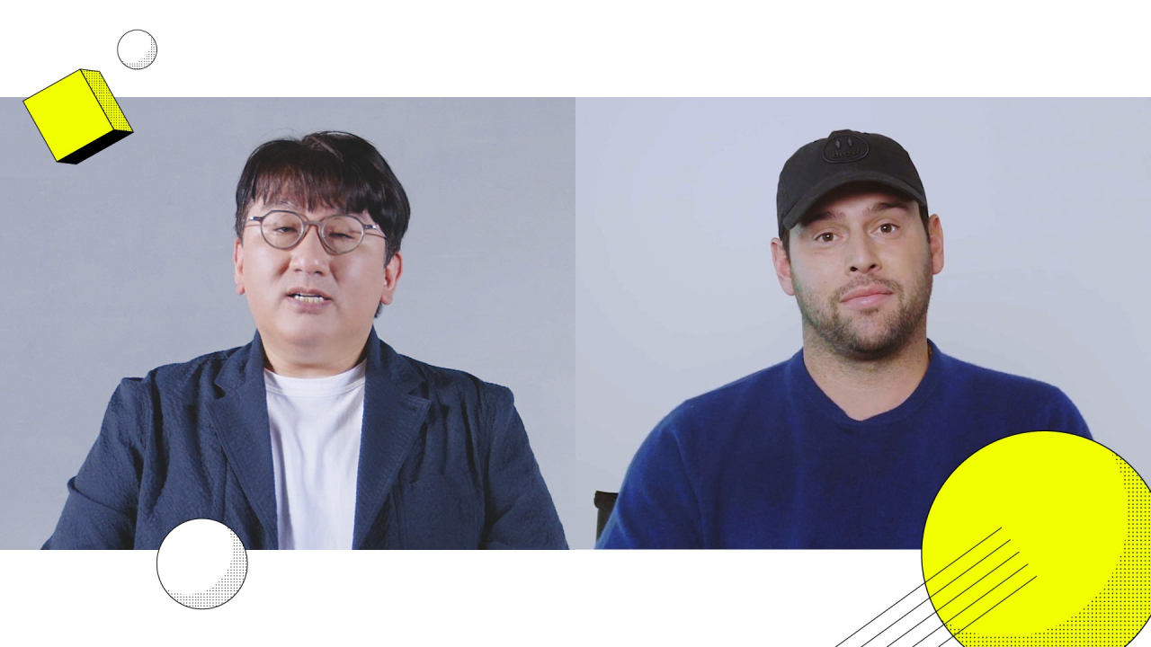 방시혁 하이브 의장과 하이브와 이타카 홀딩스의 합병으로 하이브 이사진에 합류한 스쿠터 브라운 [하이브 제공]