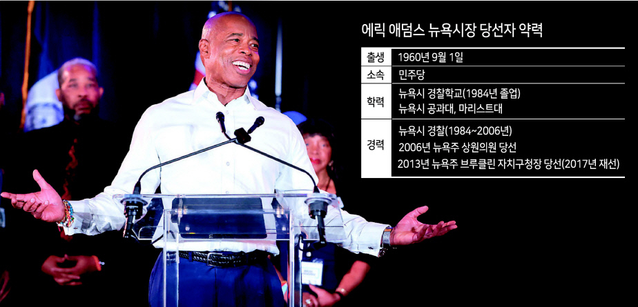 미국 민주당 소속으로 뉴욕주 뉴욕시장 선거에 출마해 2일(현지시간) 당선된 에릭 애덤스 후보가 승리가 확정된 뒤 축하연에서 발언을 하고 있다. [로이터]