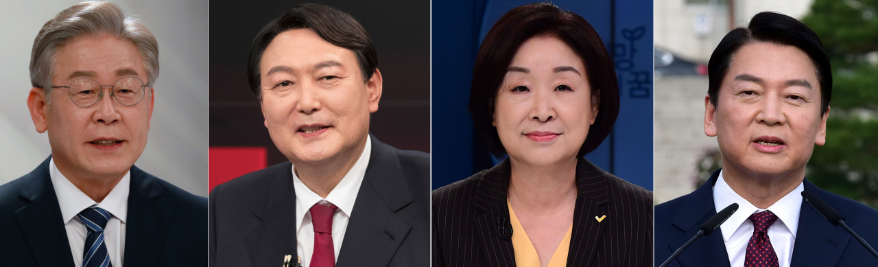 각각 정형외과질환과 안과질환으로 병역을 면제 받은 집권여당의 이재명 더불어민주당 후보와 제1야당의 윤석열 국민의힘 후보의 대결구도가 확정되면서 4개월여 앞으로 다가온 제20대 대통령 선거 결과 군 미필 군통수권자 탄생 가능성을 배제할 수 없게 됐다. 안철수 국민의당 후보는 군의관(해군 대위)으로 군 복무를 마쳤으며, 여성인 심상정 정의당 후보는 병역대상이 아니다. 왼쪽부터 이재명, 윤석열, 심상정, 안철수 후보. [연합]