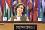 오드레 아줄레 유네스코(UNESCO) 사무총장이 9일(현지시간) 프랑스 파리에서 열린 총회에서 재선출된 뒤에 입장을 밝히고 있다. [AP]