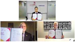 삼성전자 장동섭 삼성기능올림픽 사무국장, 국제기능올림픽위원회 데이빗 호이 사무총장, 국제기능올림픽위원회 크리스 험프리스 회장(사진 위쪽부터 시계방향으로). [삼성전자 제공]
