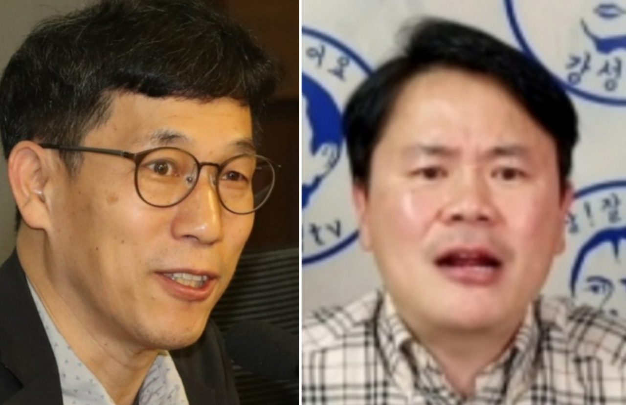 진중권(왼쪽) 전 동양대 교수와 개그맨 강성범 씨 [연합·유튜브 캡처]