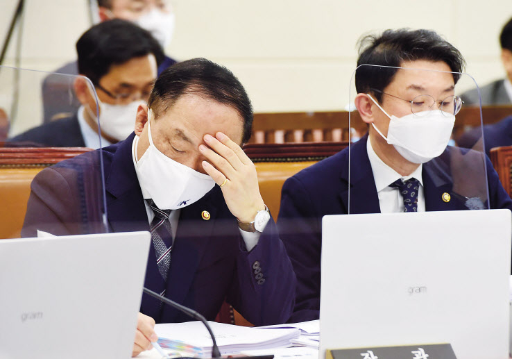 홍남기 경제부총리 겸 기획재정부 장관이 최근 서울 여의도 국회에서 열린 기획재정위원회 전체회의에서 생각에 잠겨 있다. [연합]