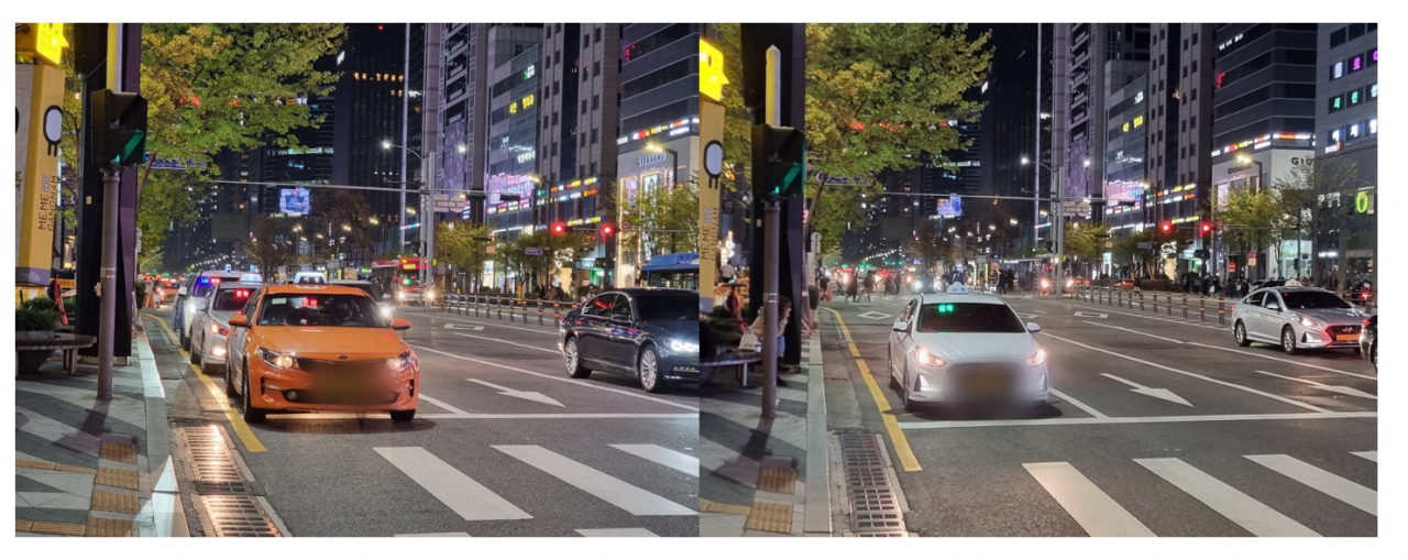 지난 16일 오후 9시30분께 서울 강남구 강남대로 한복판에 빈 택시들이 줄 서 있었다(왼쪽 사진). 1시간 뒤인 오후 10시30분께 같은 위치에 빈 택시 없이 예약된 차량 한 대만 서 있다. 이날 10시가 넘어서자 강남대로에서 빈차들이 거의 보이지 않았다. 김지헌 기자