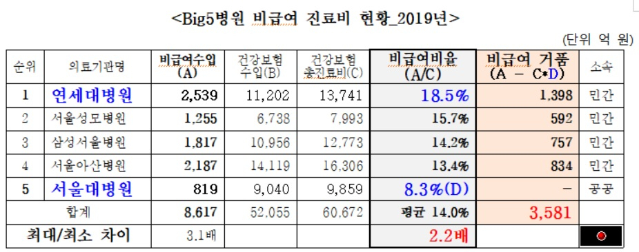 2019년 5대 대형병원 비급여 진료비 현황. [경제정의실천시민연합 제공]