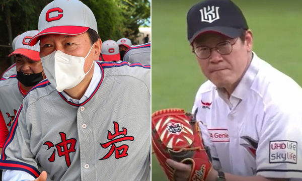윤석열 국민의힘 대선 후보가 지난 8월 모교인 충암고를 찾아 후배들과 달리고 있다(왼쪽) 이재명 더불어민주당 대선 후보가 지난 2017년 8월 수원 KT위즈 파크를 찾아 시구하고 있다. [윤석열 캠프 제공·스포티비뉴스 캡처]