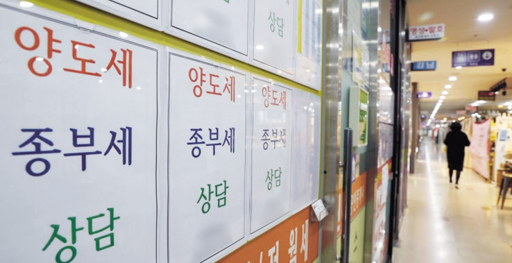 국세청은 22일 올해분 종합부동산세(종부세) 고지서를 발송했다. 올해 6월 1일 기준 주택 소유자 중 공시가격 11억원 이상(부부 공동 소유는 12억원 이상)인 종부세 납부 대상자는 94만7000명으로 지난해 종부세 납부대상자 66만7000명 대비 약 28만명이 증가했고, 종부세 세액도 지난해 1조8000억원보다 3.2배 많은 5조7000억원으로 추산된다. 21일 오후 서울 송파구의 한 부동산중개업소에 양도세·종부세 상담 안내문이 붙어있다. [연합]