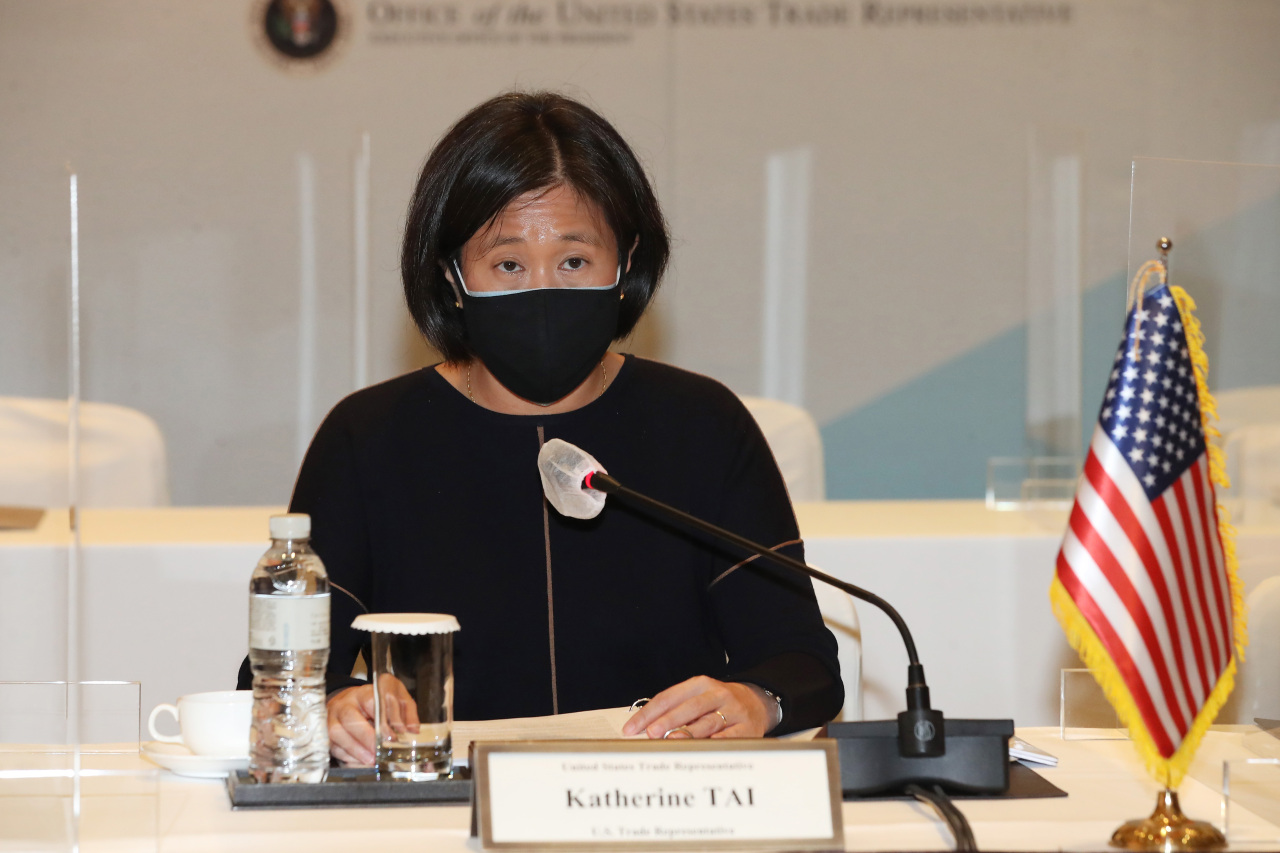 US Trade Representative Katherine Tai speaks during the joint committee meeting of the Korea-US Free Trade Agreement at a Seoul hotel on Friday. (Yonhap)