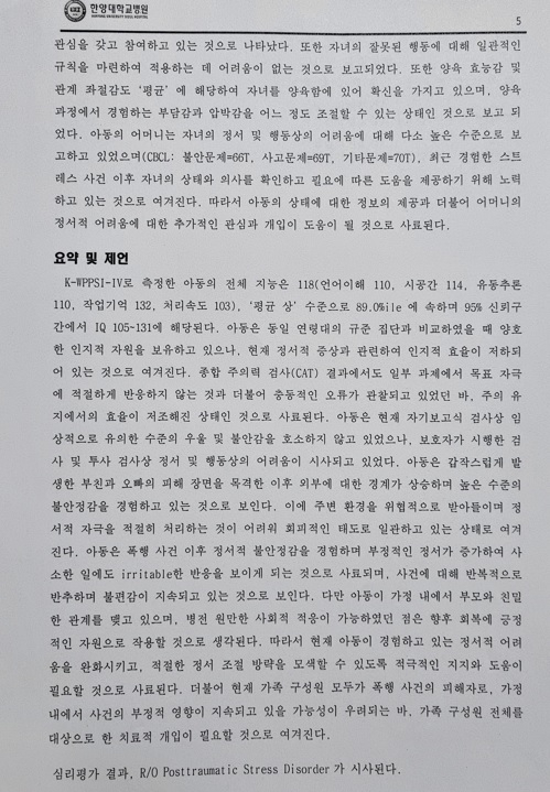 피해자 A씨의 딸의 한양대병원 심리분석 결과. [A씨 제공]
