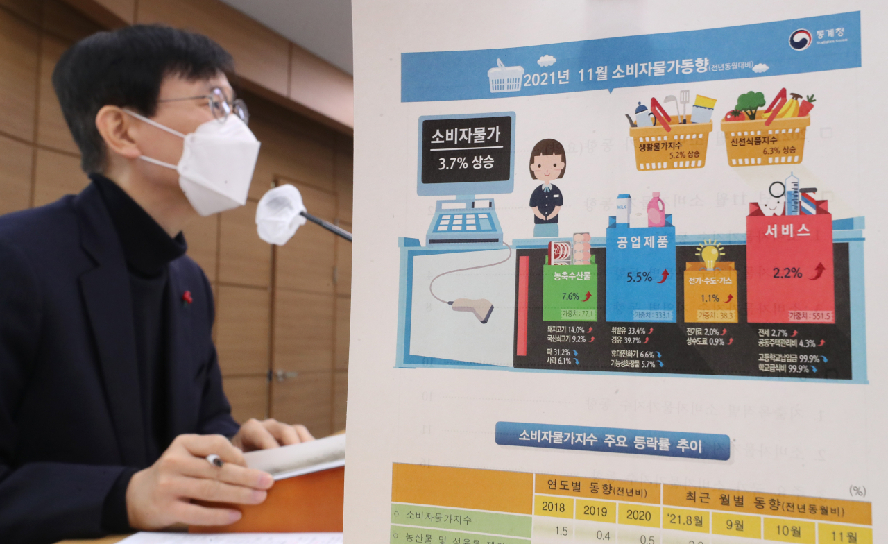 어운선 통계청 경제동향통계심의관이 2일 오전 세종시 정부세종청사에서 2021년 11월 소비자물가 동향을 발표하고 있다. 정부가 물가 관리에 실패하면서 당초 약속했던 1%대 물가 상승은 이미 물 건너 간 상태로, 12월 물가 상황에 따라 2%초반대도 무너질 가능성이 생겼다. [연합]
