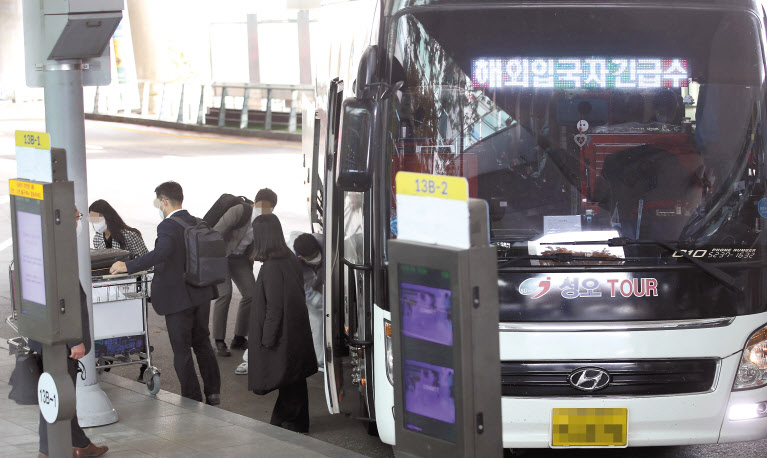 국내에서도 첫 오미크론 변이 확진자가 발생하면서 정부는 해외 입국 제한 조치와 방역을 강화하기로 했다. 2일 오전 인천공항을 이용해 입국한 해외 입국자들이 긴급수송차량을 이용해 격리시설로 이동하고 있다. 앞으로 2주간 모든 해외 입국자는 10일간 격리 조치에 들어간다. 인천공항=박해묵 기자