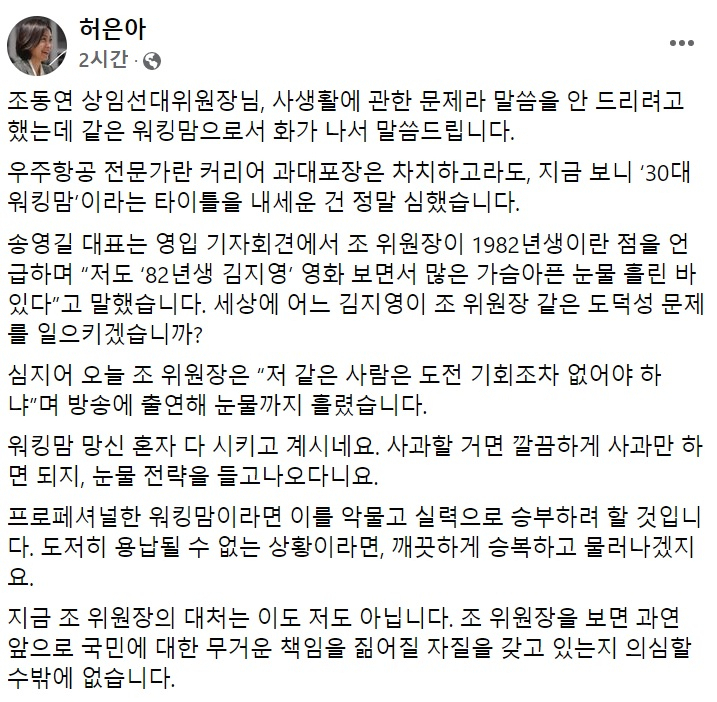[허은아 국민의힘 의원 페이스북 일부 캡처]