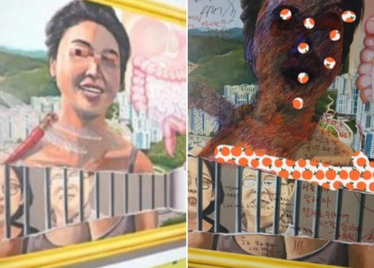 김부선으로 추정되는 벽화의 인물(왼쪽)을 배우 김부선이 직접 훼손했다고 공개한 사진(오른쪽).[김부선 페이스북 캡처]