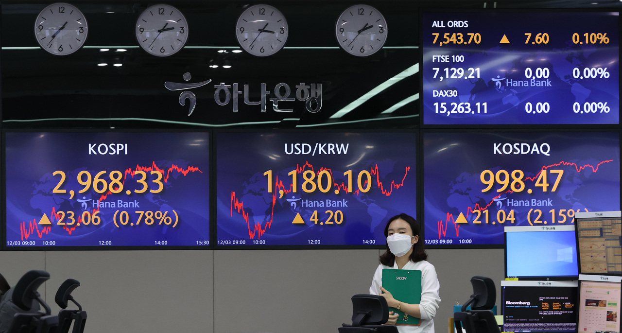 Electronic signboards at a Hana Bank dealing room in Seoul show the benchmark Korea Composite Stock Price Index closed at 2,968.33 on Friday, up 23.06 points or 0.78 percent from the previous session's close. (Yonhap)