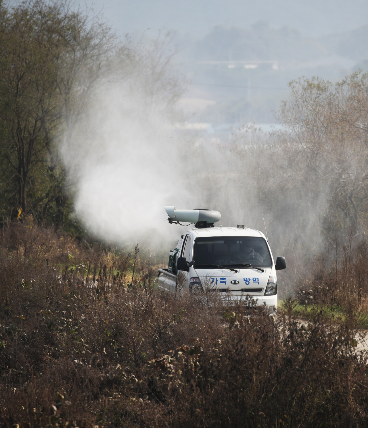 This photo shows officials carrying out a disinfection operation on a road in the city of Yongin, Gyeonggi Province. (Yonhap)