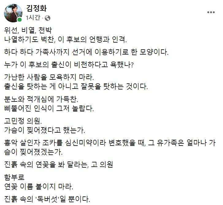 김정화 전 민생당 대표 페이스북 일부 캡처.