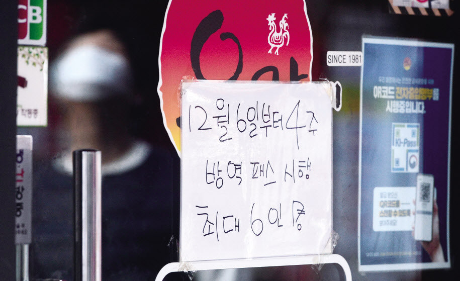 6일 오전 서울 종로의 한 음식점 입구에서 방역패스 시행을 알리는 안내문구가 부착돼 있다. 오늘부터 사적 모임 인원이 수도권은 6명, 비수도권은 8명 이하로 제한되고 방역패스가 적용되는 업종이 기존 유흥업소, 실내체육시설 등 5종에서 영화관이나 미술관, 도서관 등을 포함해 16종으로 확대된다. 이번 특별방역대책 후속 조치는 이날 0시부터 4주간 시행된다. 박해묵 기자