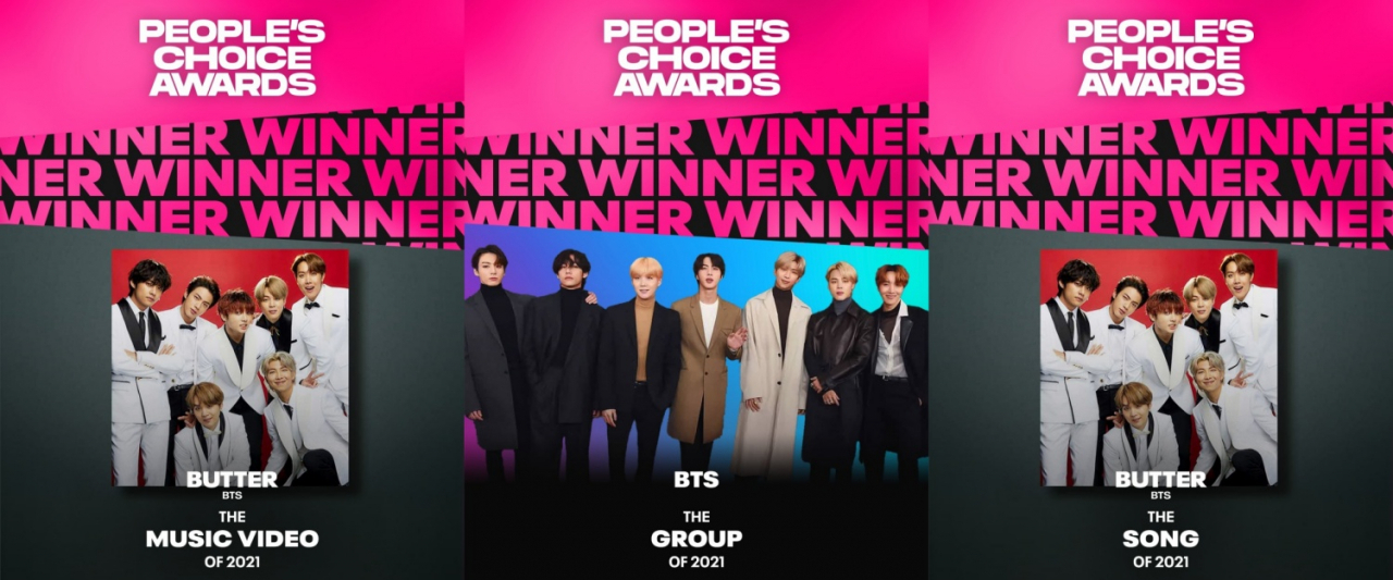 그룹 방탄소년단(BTS)이 미국 대중문화 시상식인 '2021 E! 피플스 초이스 어워즈'(E! People's Choice Awards 2021)에서 3관왕에 올랐다. 소속사 빅히트뮤직에 따르면 BTS는 7일 열린 시상식에서 '올해의 그룹', '올해의 노래', '올해의 뮤직비디오' 등 3개 부문을 수상했다. 사진은 그룹 방탄소년단 수상 이미지. 연합뉴스