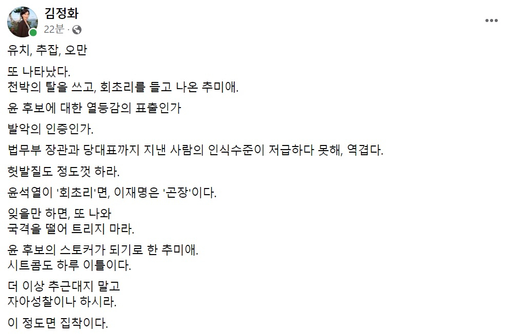 김정화 전 민생당 대표 페이스북 일부 캡처.