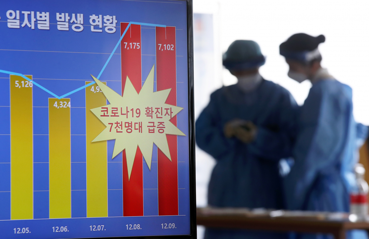 9일 광주 북구보건소 선별진료소에 설치된 방역수칙 안내 모니터에 최근 확진자 수 그래프가 나오고 있다. [연합]