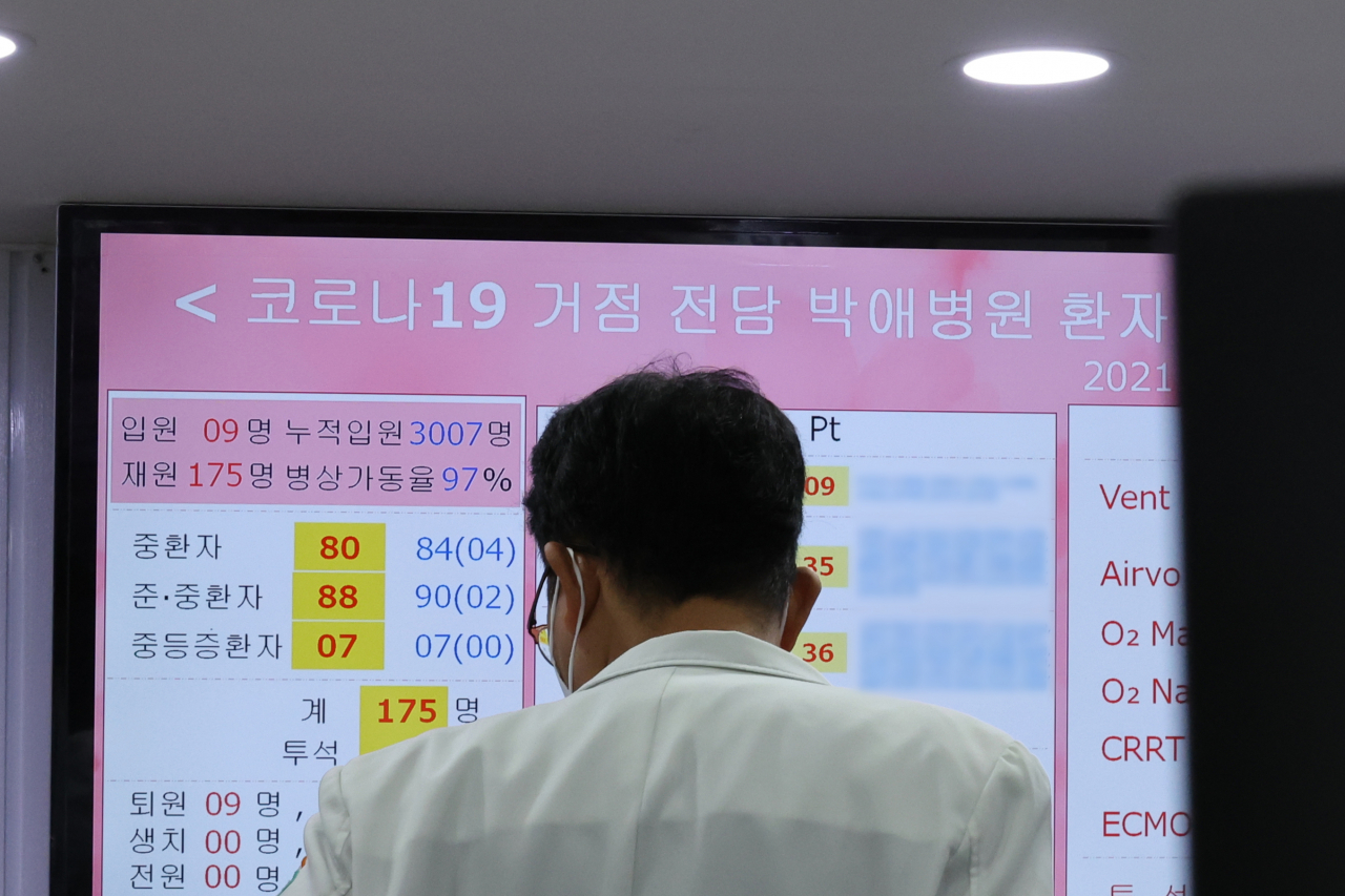 코로나19 위중증 환자가 일주일 연속 700명대를 기록하면서 수도권을 중심으로 중환자 병상 위기가 지속하는 가운데 7일 코로나19 거점전담병원인 평택 박애병원 상황실에 걸린 현황판에 병상가동률이 97%로 표시돼 있다. [연합]