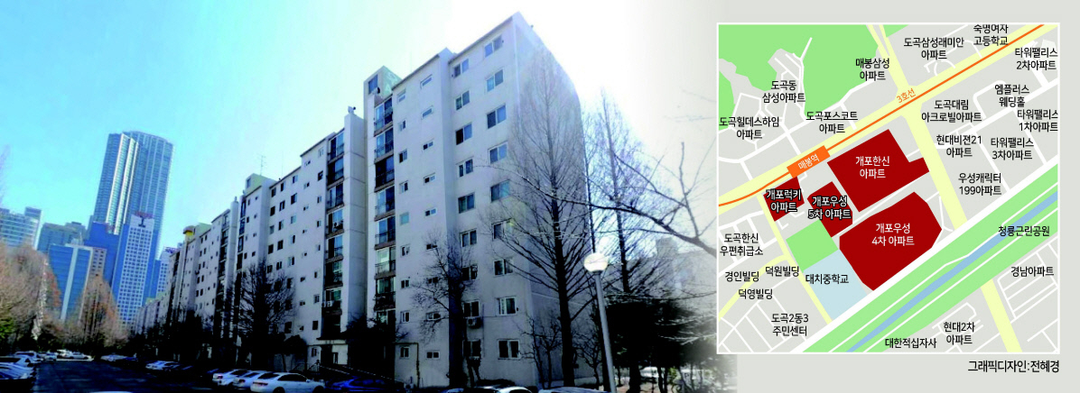 서울 강남구 도곡동 개포우성4차아파트 전경. 단지 뒤편으로 고급 주상복합인 타워팰리스가 보인다. [카카오맵 캡처]