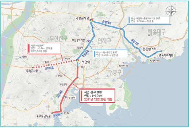 부산지역 중앙버스전용차로(BRT) 노선도 [부산시 제공]