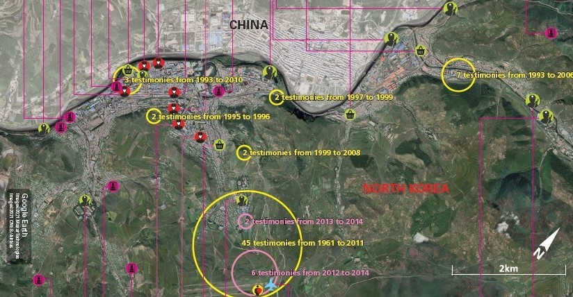 The circles in the map show clusters of locations reportedly used for public executions in Hyesan, North Korea. The Kim Jong-un regime conducts public executions mainly at two places(pink circles) , both far from the border with China and the central area of the Hyesan city in Ryanggang Province. (Transitional Justice Working Group)