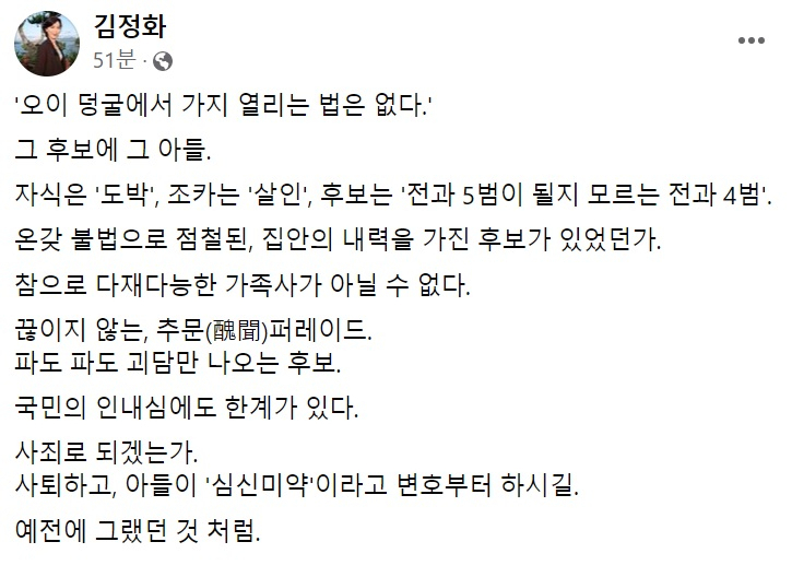 김정화 전 민생당 대표 페이스북 일부 캡처.