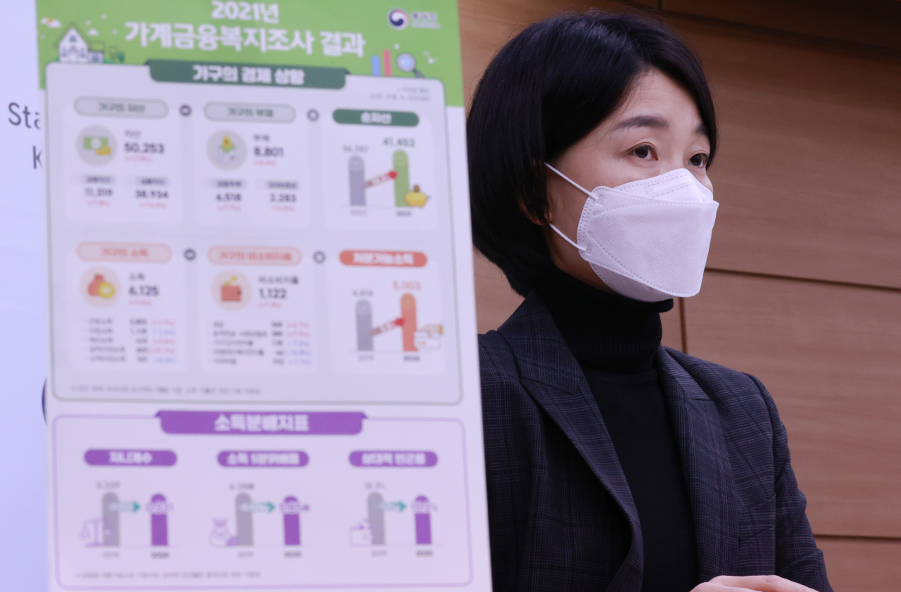 임경은 통계청 복지통계과장이 16일 오전 정부세종청사 1공용브리핑실에서 2021년 가계금융복지조사 결과를 발표하고 있다. [연합]