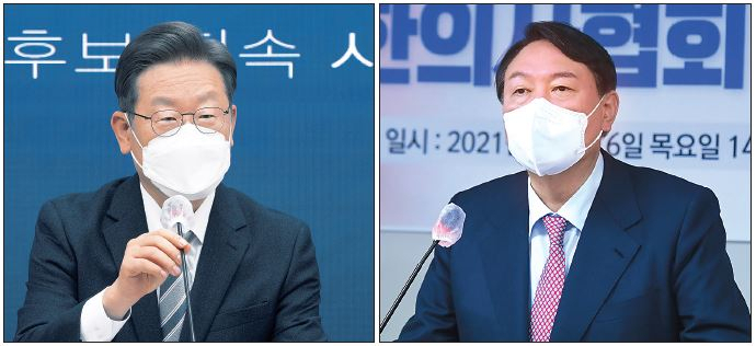 더불어민주당 이재명 대선 후보가 16일 서울 여의도 중앙당사에서 열린 사회대전환위원회 출범식이 끝난 뒤 아들이 불법 도박을 했다는 의혹 보도와 관련해 사과를 하고 있다(왼쪽). 윤석열 국민의힘 대선후보가 16일 오후 서울 용산구 대한의사협회에서 열린 코로나 대응 문제점과 개선방안에 대한 화상 간담회에서 발언하고 있다. 윤 후보는 이날 의협 행사 전 배우자 문제에 대한 사과 의향을 묻는 질문에 “제 처나 저나 국민 비판을 다 겸허하게 받아들인다는 입장”이라고 말했다. [연합]