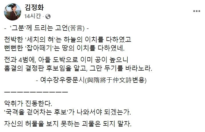 김정화 전 민생당 대표 페이스북 일부 캡처.
