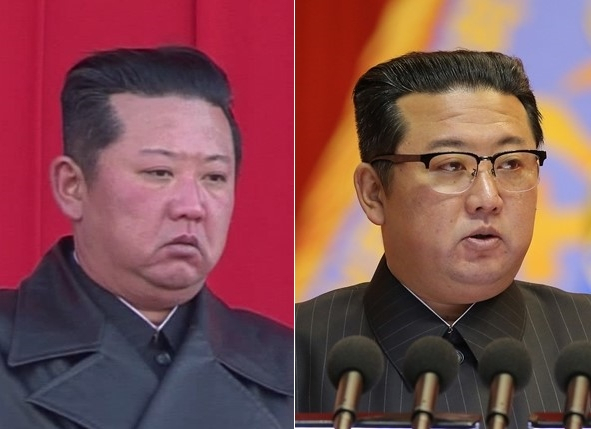 지난 17일 아버지 김정일 10주기 추모대회 참석한 김정은 국무위원장(왼쪽) 모습과 지난 7일 군사교육 간부대회 주관할 때의 모습. [조선중앙TV·연합]
