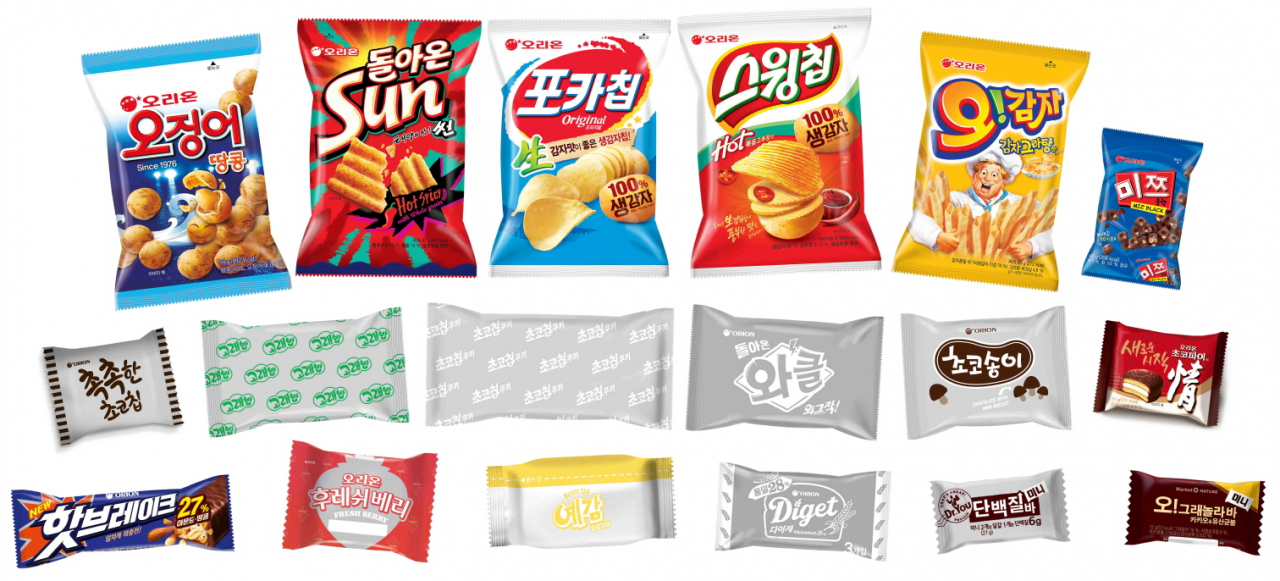 오리온의 플렉소 인쇄를 이용한 포장재 적용 제품. [오리온 제공]