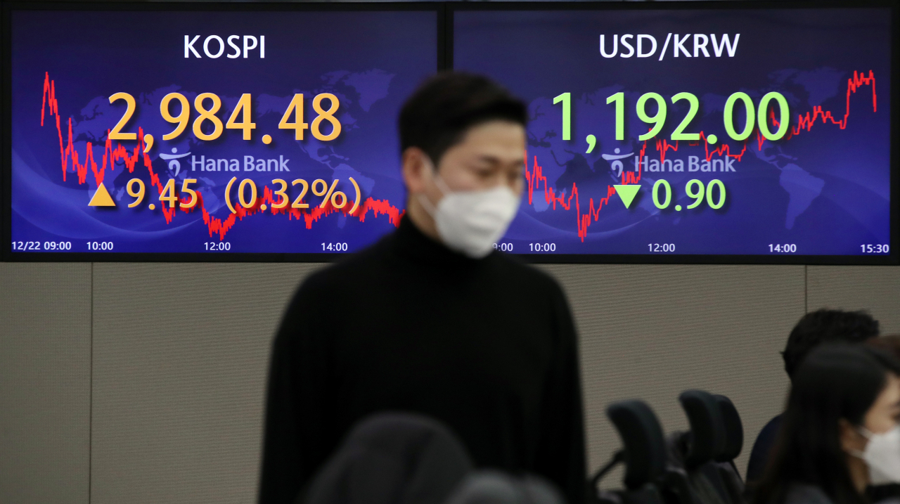 코스피가 외국인과 기관의 동반 순매수에 이틀째 상승한 22일 오후 서울 중구 하나은행 딜링룸에서 직원들이 업무를 보고 있다. 이날 코스피는 전날보다 9.45포인트(0.32%) 오른 2,984.48에 거래를 마쳤다. 연합뉴스