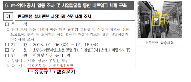 지난 2015년 이재명 당시 성남시장이 김문기 성남도시개발공사 개발사업1처장과 함께 10박11일의 해외출장을 다녀왔다는 내용의 문서 속 사진. [김은혜 국민의힘 의원실 제공]
