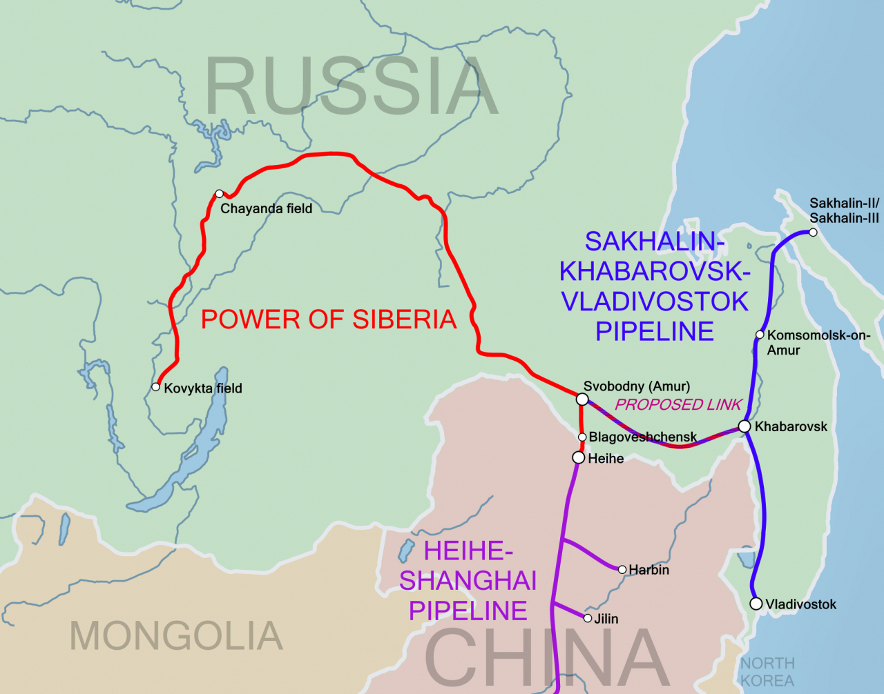 시베리아의 힘(Power of Siberia) 가스관 등 시베리아 지역 주요 가스관 현황. [위키백과]