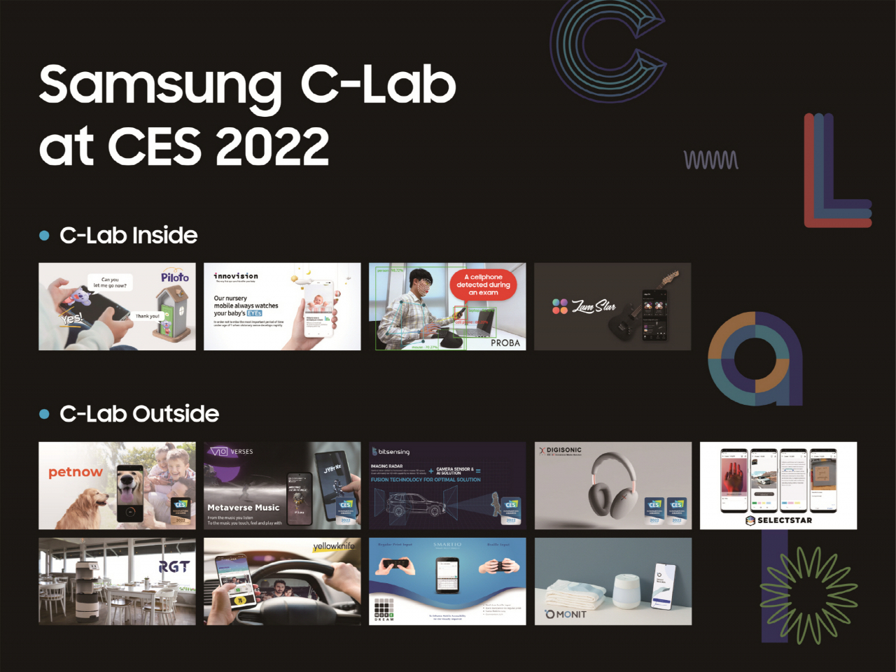 삼성전자가 CES 2022 참가를 지원하는 C랩 인사이드 4개 과제와 C랩 아웃사이드 스타트업 9개. [삼성전자 제공]