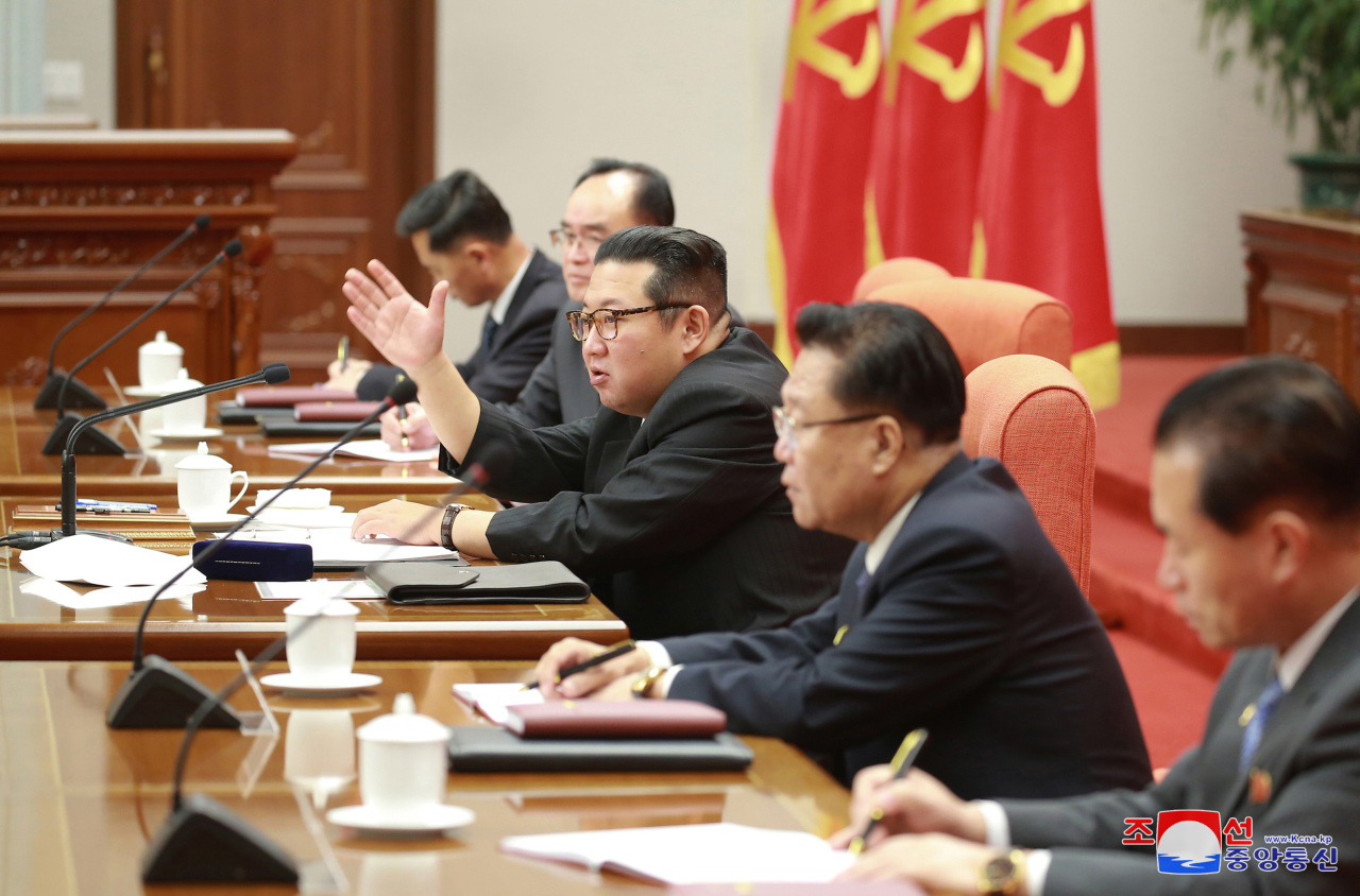 North Korean leader Kim Jong-un speaks during a plenary session of the central committee of the ruling Workers' Party in Pyongyang on Dec. 27. (KCNA-Yonhap)