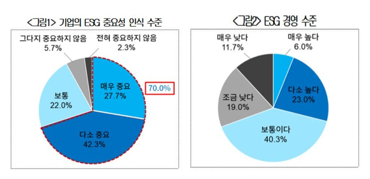 대한상공회의소와 한국생산성본부의 국내 기업 300곳 대상 'ESG 확산 및 정착을 위한 기업 설문조사' 결과[대한상공회의소 제공]