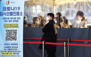 지난 28일 오전 서울 중구 서울역광장에 마련된 코로나19 임시선별검사소를 찾은 시민들이 검사 순서를 기다리는 모습. [연합]