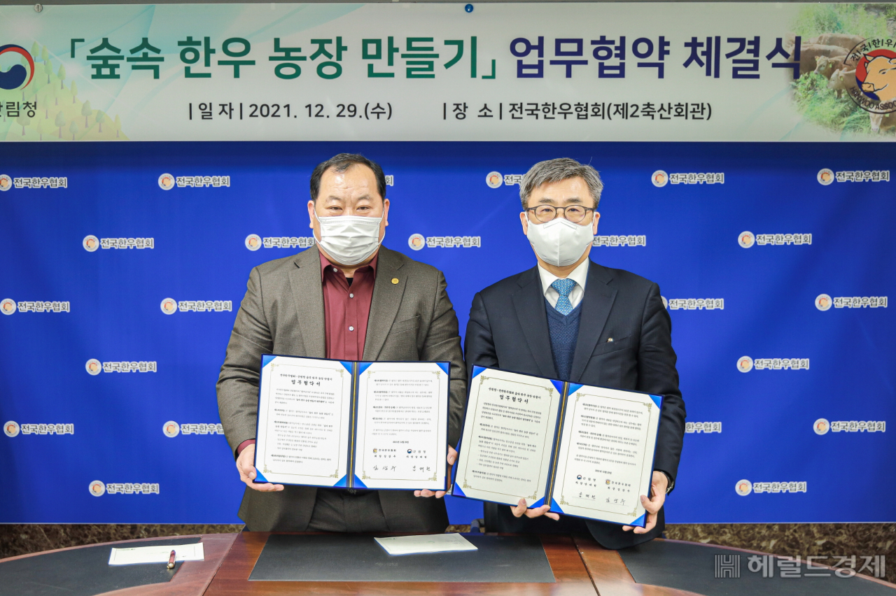 전국한우협회(회장 김삼주, 사진 왼쪽)와 산림청(청장 최병암)은 29일, ‘숲속 한우농장 만들기’업무협약을 맺고 공동협력사업을 추진하여 탄소중립과 상생발전에 노력하기로 했다. 사진=전국한우협회