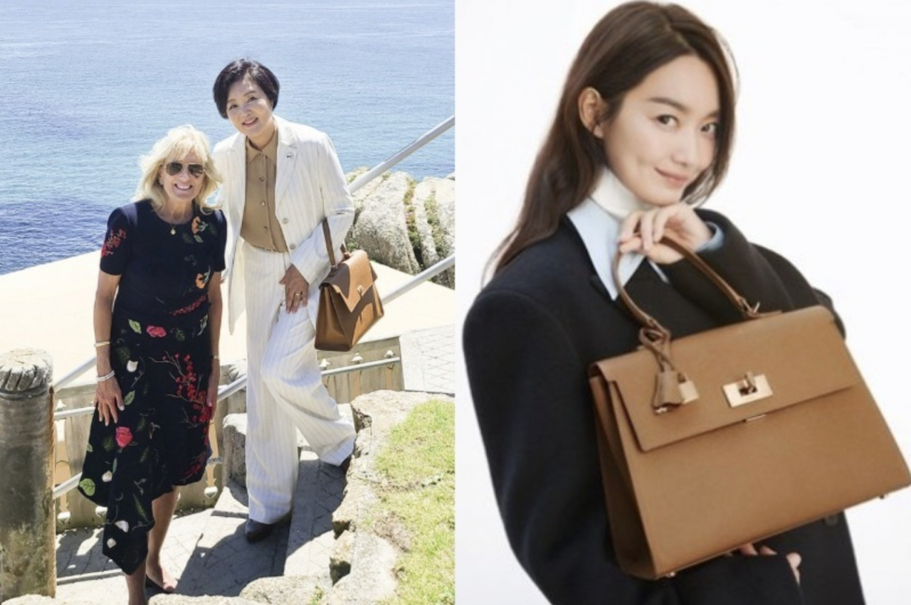 지난 6월 12일 영국 콘월 미낙극장에서 열린 G7 정상회의에서 미국 대통령 부인 질 바이든 여사와 기념촬영을 하고 있는 김정숙(왼쪽 사진 오른쪽) 여사. 신민아의 쿠론 스테파니 캠페인 화보(오른쪽 사진). [청와대·코오롱FnC 제공]