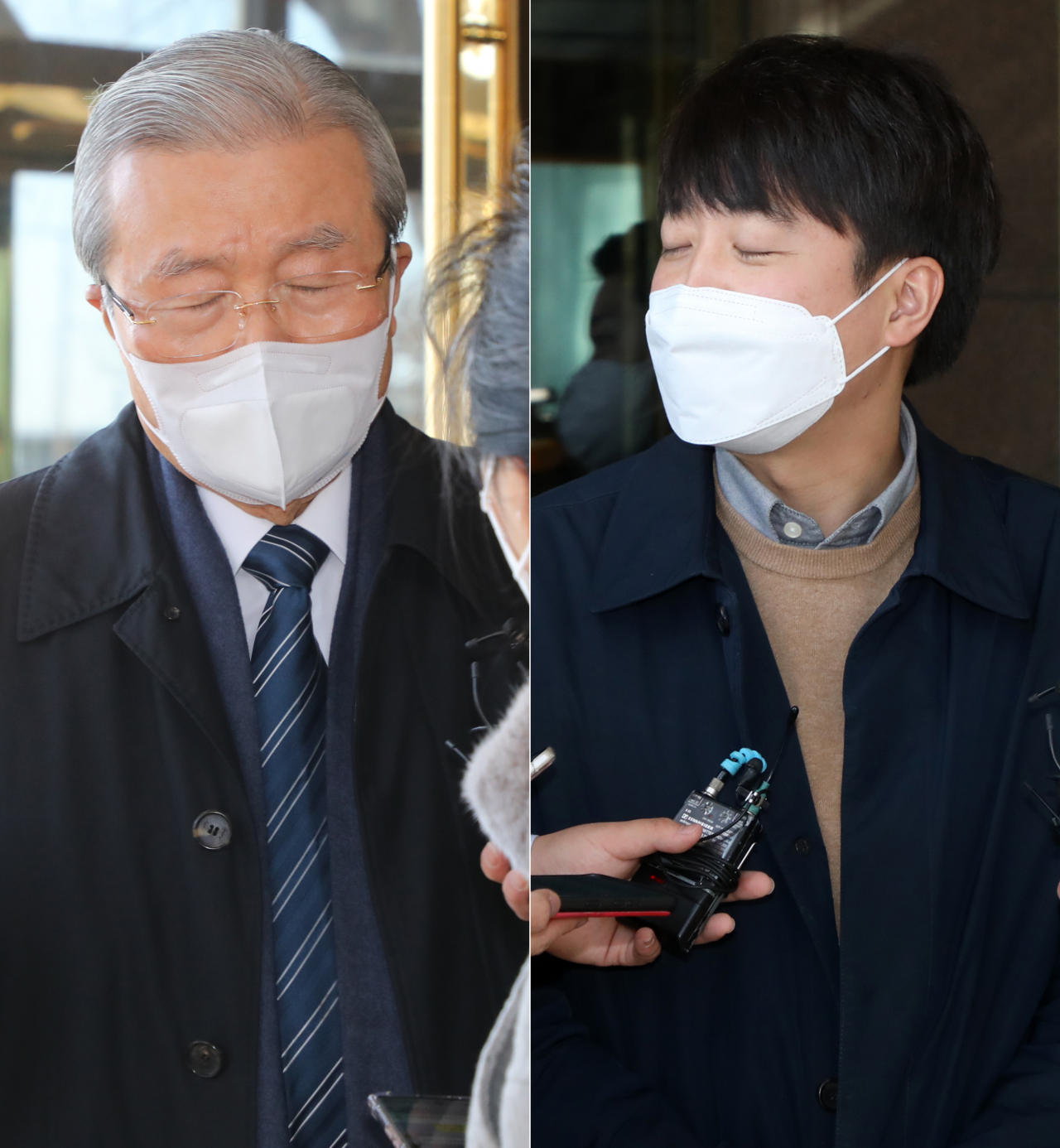 국민의힘 이준석(오른쪽)대표와 김종인(왼쪽) 총괄선대위원장이 31일 서울 마포구의 한 음식점에서 오찬 회동을 마친 뒤 나오고 있다. [연합]